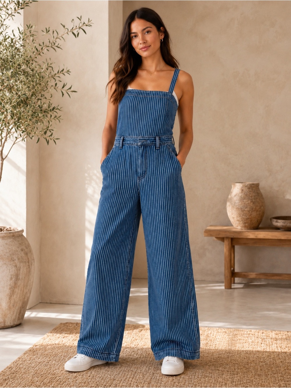 Striped Blue Wide-Leg Denim Jumpsuit